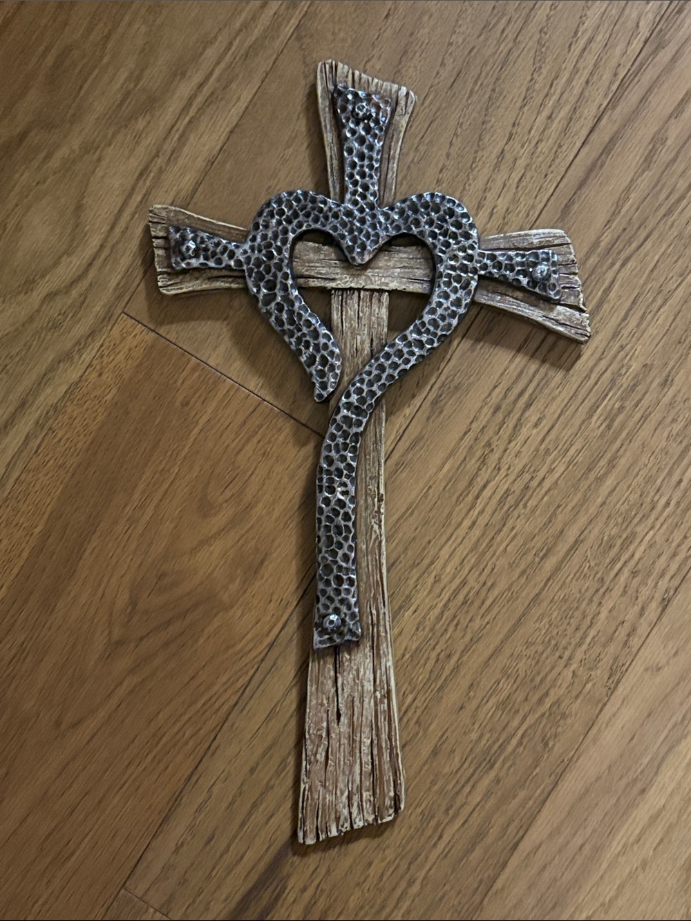 Rustic Wooden look Cross Wall Decor with Hammered Metal  Heart Accents